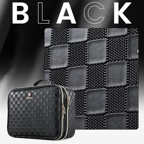 Makeup Bag with LED Lighted Mirror 12.2 IN Cosmetic Train Case Double Layer Makeup Case Adjustable Brightness in 3 Colors Cosmetic Organizer Artist Storage with Brush Holder Vanity Black Checkerboard (12.2 Inch Black Checkerboard / 0-Double Layer)