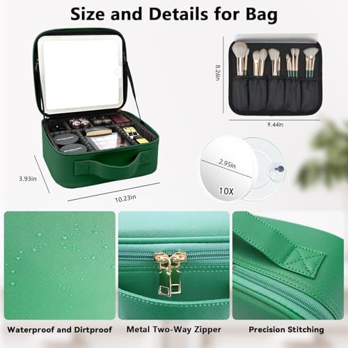 Travel Makeup Bag with LED Mirror and 10x magnifying glass with 3 Lighted Settings (Dark Green / With LED Mirror and 10x Magnifying Glass)