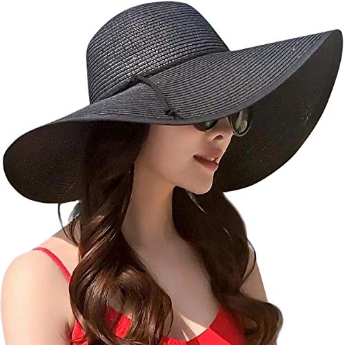 Womens Sun Straw Hat Wide Brim Summer Hat Big Floppy Foldable Beach Sun Hats UPF 50+ (A Black 5.9" Brim, 1 Pack)
