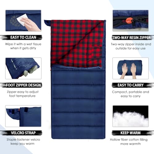 0 Degree Sleeping Bag Cotton Flannel Winter Cold Weather for Adults XXL Sleeping Bag 4 Season Big and Tall with Pillow Compression Sack (NAVY)