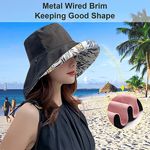 Women Floral Reversible Wide Brim Sun Hats Summer UV Protection Hiking Fishing Hat Wired Edge Beach Garden Lawn Work Cap Chin Strap (Medium / Qf002-black)