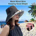 Women Floral Reversible Wide Brim Sun Hats Summer UV Protection Hiking Fishing Hat Wired Edge Beach Garden Lawn Work Cap Chin Strap (Medium / Qf002-black)