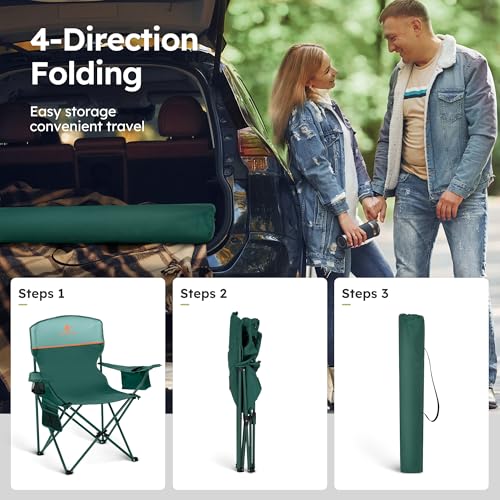 2 Pack Folding Camping Chair with Cooler Bag & Lumbar Support (Green)