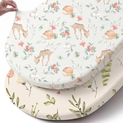 Stretch Fitted Bassinet Sheet Set BROLEX 2 Pack Cradle Sheets for Bassinet Pad (Fawn Flora / 32x16 Inch)