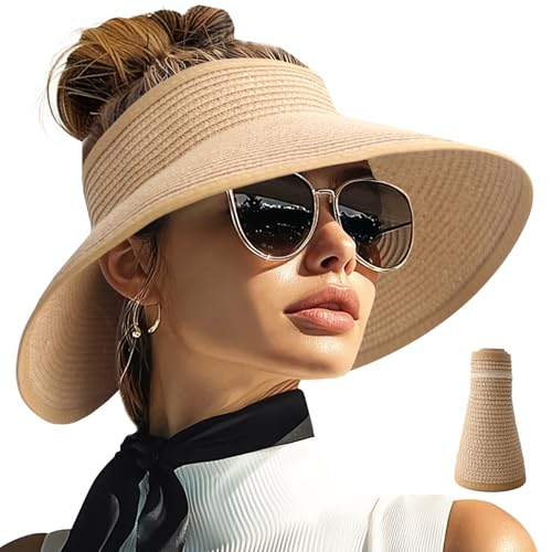 Sun Visor Hats for Women Wide Brim Straw Packable Beach Hat Khaki (Khaki)