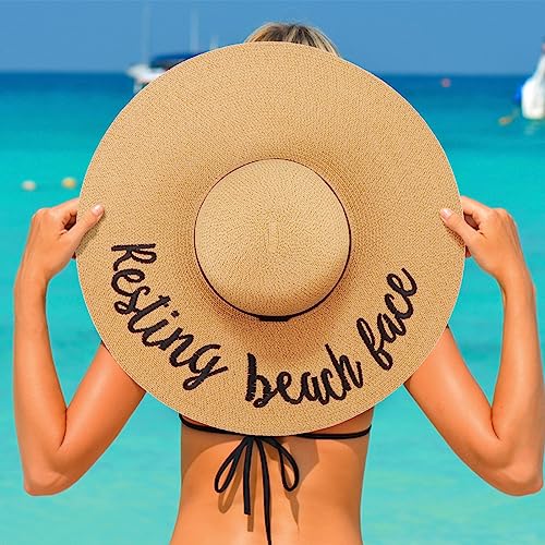 Big Straw Sun Hats for Women Floppy Foldable Roll up Beach Cap Sun Hat UPF 50+ Vacation Honeymoon Embroidered Hat (Z Resting Beach Face: Khaki)