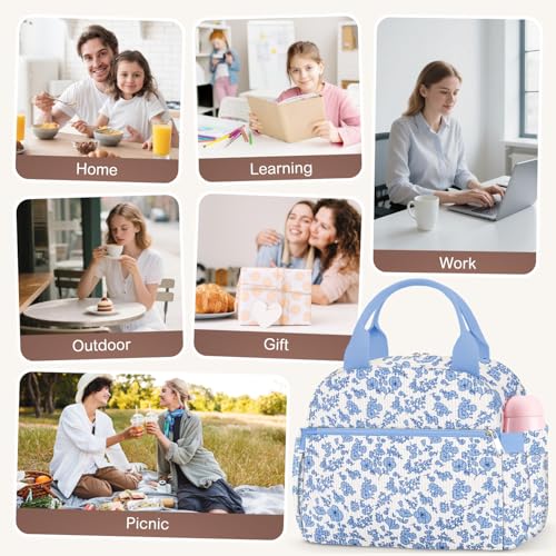 Lunch Bag Lunch Box for Women (B-B-Corduroy Blue Flower / Medium - 10L)