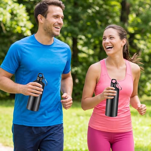 4 Pcs Aluminum Water Bottle 20 oz Reusable Bottles Lightweight Leak Proof Aluminum Sports Travel Bottles with Twist Cap Buckle for Gym (Black)