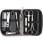 brand quality 10 piece manicure pedicure grooming kit set for professional finger & toe nail care tweezers file clipper fashion leather case in gift box (SILVER-GREY)