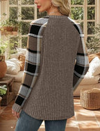 Chocolate Brown Fall Clothes Fall Fashion Must Haves Womens Tops Long Sleeve Shirts for Women Plaid Oversized Sweaters School Outfits Tops for Teachers Winter Clothing Travel Vacation Raglan Paneled (Small / 08-khaki Plaid)