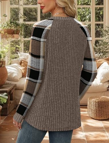 Chocolate Brown Fall Clothes Fall Fashion Must Haves Womens Tops Long Sleeve Shirts for Women Plaid Oversized Sweaters School Outfits Tops for Teachers Winter Clothing Travel Vacation Raglan Paneled (Medium / 08-khaki Plaid)