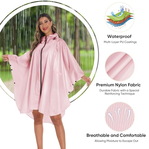 Rain Poncho for Adults with Zipper (One Size / Pink)