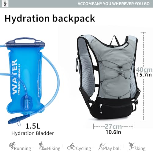 Lightweight Hydration Backpack Running Vest with 1.5L Water Bag (Grey / Standard)