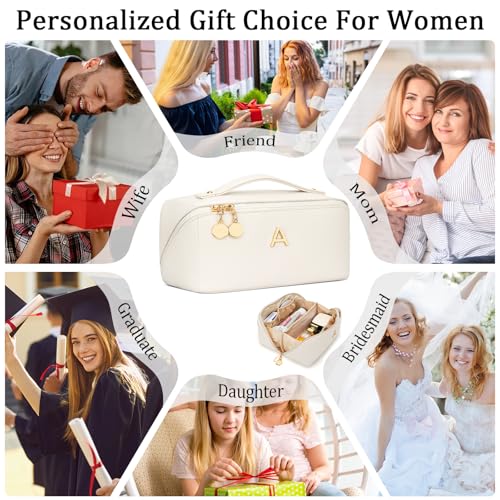 Initial Makeup Bag Personalized Gift for Women Teen Girls (MediumBeige / A)