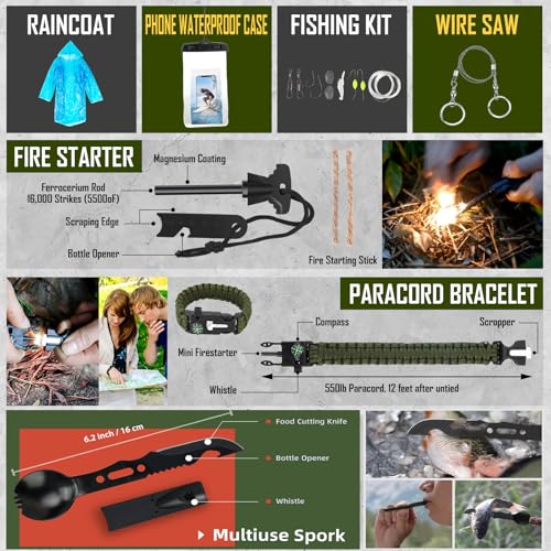 Survival Kit 268 Pcs Emergency Survival Gear and Equipment Supplies with First Aid Kit (Green)