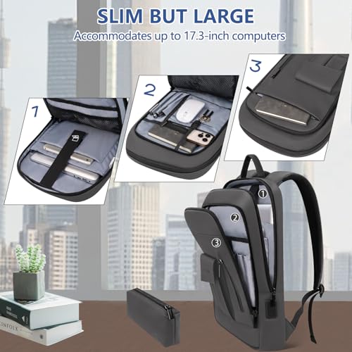 Business Backpack for Men Slim Lightweight Laptop Backpack for 17.3 Inch Computer Water Resistant Small Office Backpack for Commute Travel Daily Office Work with Small Bag (17.3" / With Pocket / Black)