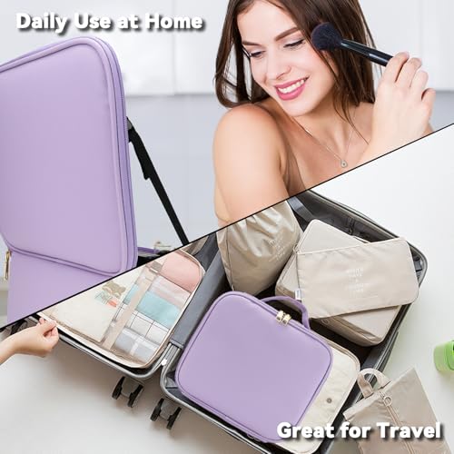 Travel Makeup Bag with LED Mirror and 10x magnifying glass with 3 Lighted Settings (Purple / With LED Mirror and 10x Magnifying Glass)