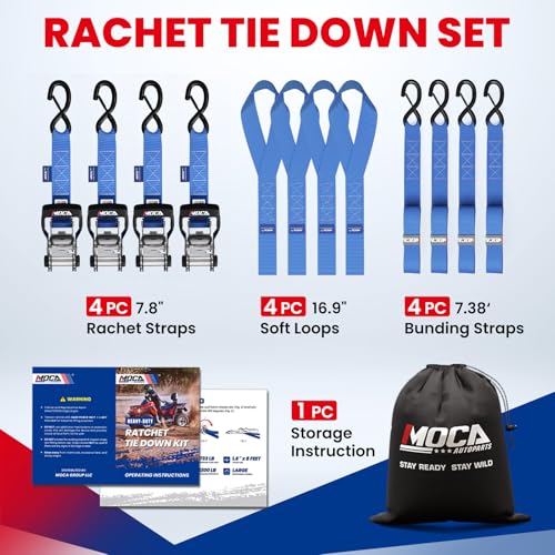 MOCA Heavy Duty Ratchet Straps Tie Down 4 Pack 1.6" x 8 ft (Blue / 8ft)