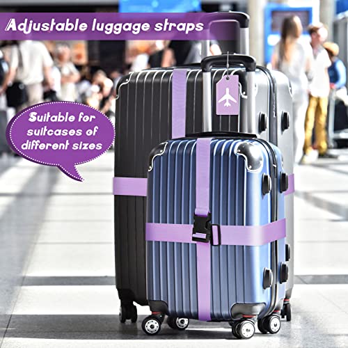 8 Pcs Luggage Straps Suitcase Tags Set for TSA Approved (Light Purple / Airplane)