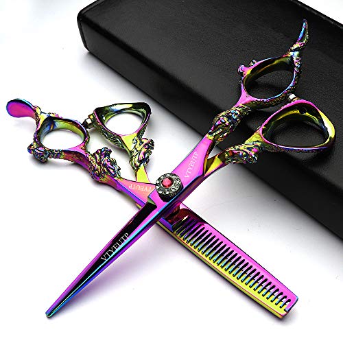 Professional 6.0 Inch Rainbow color Dragon Handle 440C Salon Hair Cutting Shear Thinning scissors (scissors set)