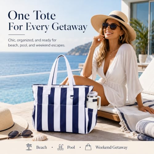 Beach Bag Waterproof Sandproof Women Beach Tote Pool Bag with Zipper for Gym Grocery Travel with Wet Pocket (Light Navy Blue)
