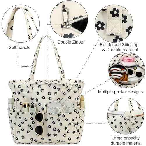 Waterproof Beach Tote Pool Bags for Women Ladies Extra Large Gym Tote Carry On Bag With Wet Compartment for Weekender Travel (Black Little Flower 95)