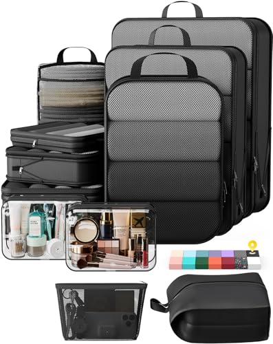 11 Set Compression Packing Cubes Garment Bags for Travel Essentials (Black / 11 set)