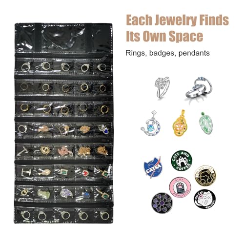 Travel Jewelry Roll Bag Portable Organizer Pouch With Grids&PVC Cover Storage Bags for Necklace (Black Velvet 40 Grids)