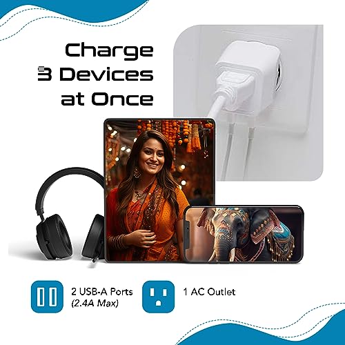 India, Nepal, Bangladesh Travel Adapter Plug with USB-A + USB-C - Type D - Usa Input - Ultra Compact - Safe Grounded Perfect for Cell Phones, Laptops, Camera (CTU-10) (Off White)
