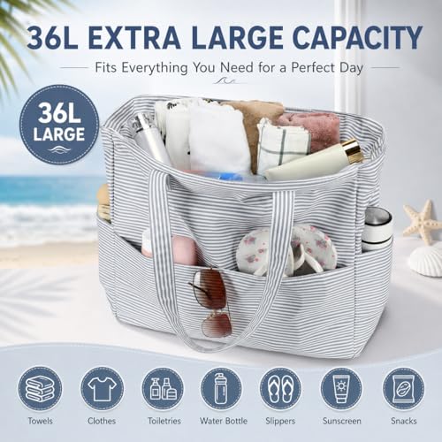 Beach Bag Waterproof Sandproof Women Beach Tote Pool Bag with Zipper for Gym Grocery Travel with Wet Pocket (Light Gray White)