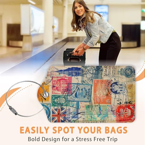 Retro Wanderlust Stamps 3 PCS PU Leather Luggage Tags for Suitcase (Retro Wanderlust Stamps)