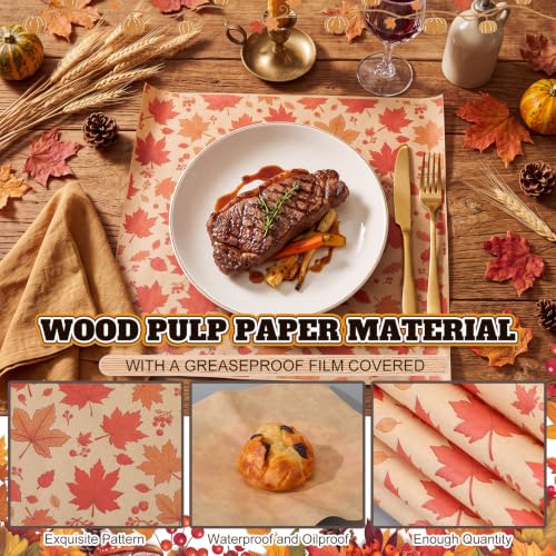 100 Pcs Fall Maple Leaves Wax Paper Sheets for Food Wrapping (Colorful / Maple Leaves)