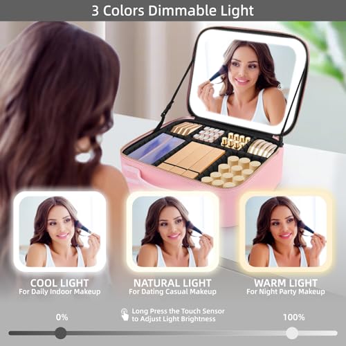 Makeup Case with Mirror and Lights (Pink / Integrated)