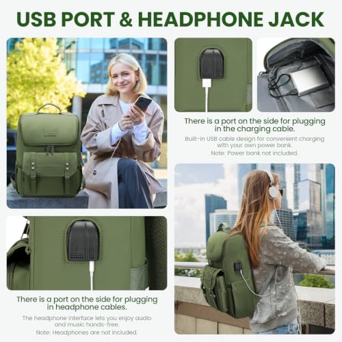 Vintage Backpack Travel Laptop Backpack with usb Charging Port for Women & Men College Backpack Fits 15.6 Inch Laptop dark green (Green)