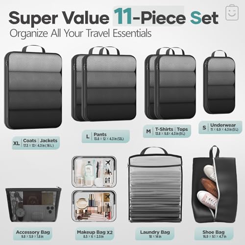 11 Set Compression Packing Cubes Garment Bags for Travel Essentials (Black / 11 set)