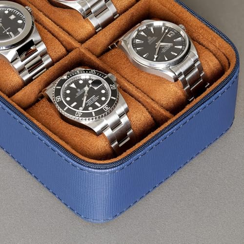 5 Watch Travel Case Storage Organizer for 5 Watches (Blue / Tan)