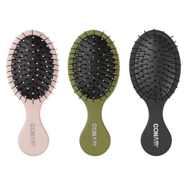 Conair Detangling Mini Hair Brush Set, 3-Pack Detangler Brushes for Wet or Dry Hair, Detangler for All Hair Types, Hair Brushes for Women, Travel Size, Matte Pink, Green, Black