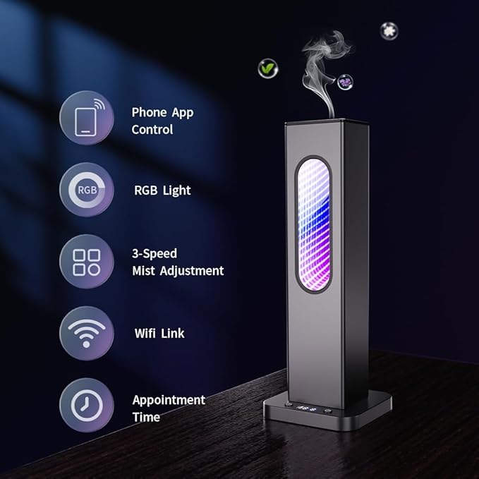 Waterless Scent Diffuser - Suitable for Home/Hotel/Shopping Mall/Yoga Air Diffuser,200㎡ Coverage,3 Gears Mist Adjustment, App Control, Multi-Color Neon Light,Without Essential Oil(Color:Dark Grey)