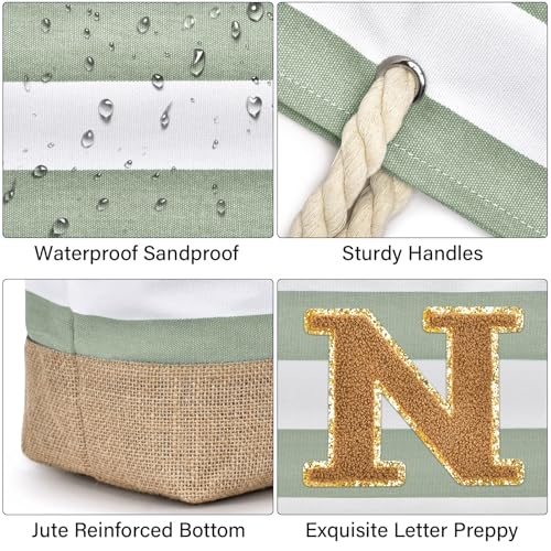 Beach Bag Initial Beach Tote with Makeup Bag for Travel (Light Green / N)