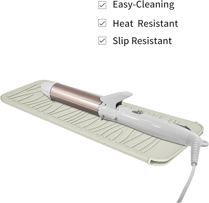 Silicone Heat Resistant Mat, Protects Surfaces from Heat Damage, Provides Slip Resistance, and Offers Multipurpose Storage for Hot Hair Styling Tools (1 Pack, Beige)