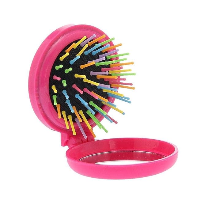 Pink Women Mini Round Folding Comb With Mirror Compact Travel Hairbrush Pop Up Brush Decor Candy-Colored Clamshell Airbag Comb Hair Brushes Styling Tools Appliances