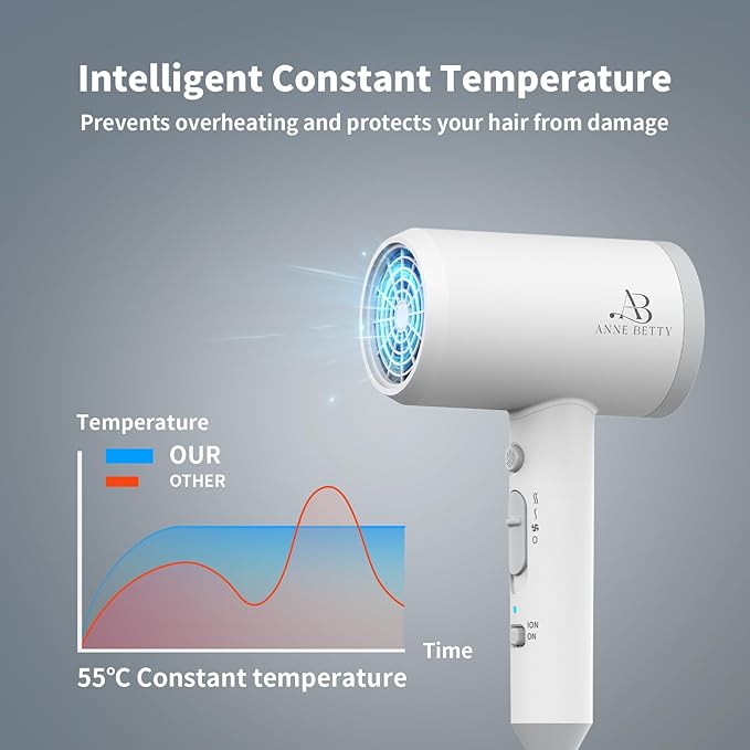 Hair Dryer with Diffuser for Curly Hair, 1800W Ionic Blow Dryer for Women & Men, Fast-Drying, Lightweight, Low Noise, Hair Care Styling Tool for Home, Travel