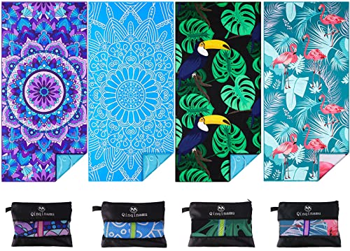 Microfiber Beach Towel with Bag Oversized 71x32 Sand Free 4 Pack (4 Pack Blue Mandala and Birds / 71"x32")