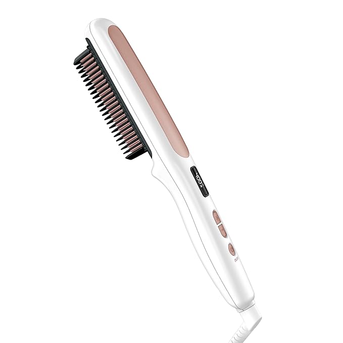 Conair Double Ceramic Hair Straightener Brush, Heated Straightening Brush for Smooth, Shiny Hair, V-Shaped Heated Bristles for Closer Contact, 5 LED Heat Settings, Dual Voltage, White