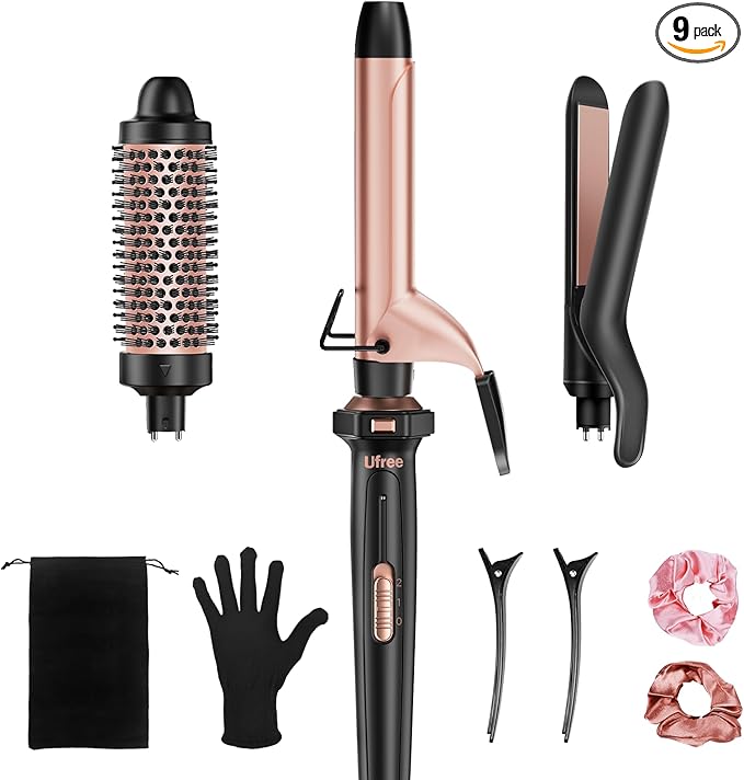 Ufree 3 in 1 Curling Iron, Curling Wand Set with Thermal Brush Flat Iron Hair Straightener, Dual Voltage Wand Curler, Instant Heat Up Hair Curler, Include Protective Glove 2 Clips, Gifts for Women