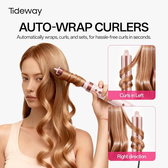 Tideway Prowaver 6-in-1 Hot Air Styler Wrap Dual Voltage Ionic Professional Hair Dryer Brush with Auto Wrap Curlers &Volumizing Brush for Fast Drying& Frizz Free Hair with No Heat Damage for Women
