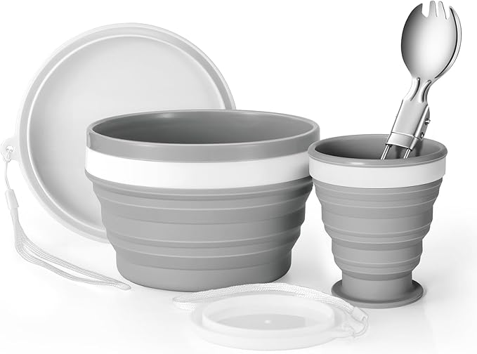 Odoland Camping Mess Kit Silicone Collapsible Bowl, Cup & Stainless Steel Spoon by Odoland