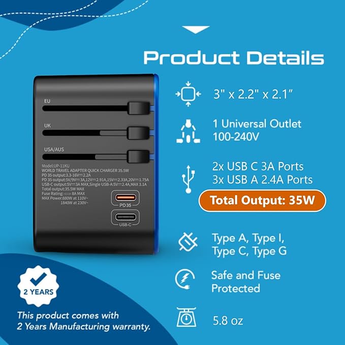 Ceptics Universal Travel Adapter, 35W International Power Adapter - Image 6