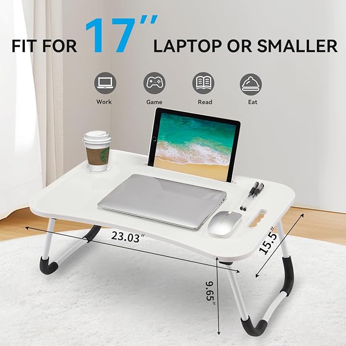 BUYIFY Folding Lap Desk, 23 Inch Portable Wood White Laptop Bed Desk Lap Desk - Image 2