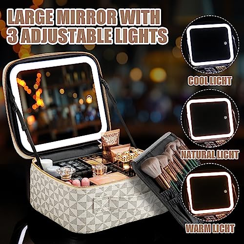 Makeup Travel Train Case with Mirror LED Light 3 Adjustable Brightness Large Cosmetic Bag Portable Storage Adjustable Partition Waterproof Makeup Brushes Make up Jewelry Gift for Women (White)